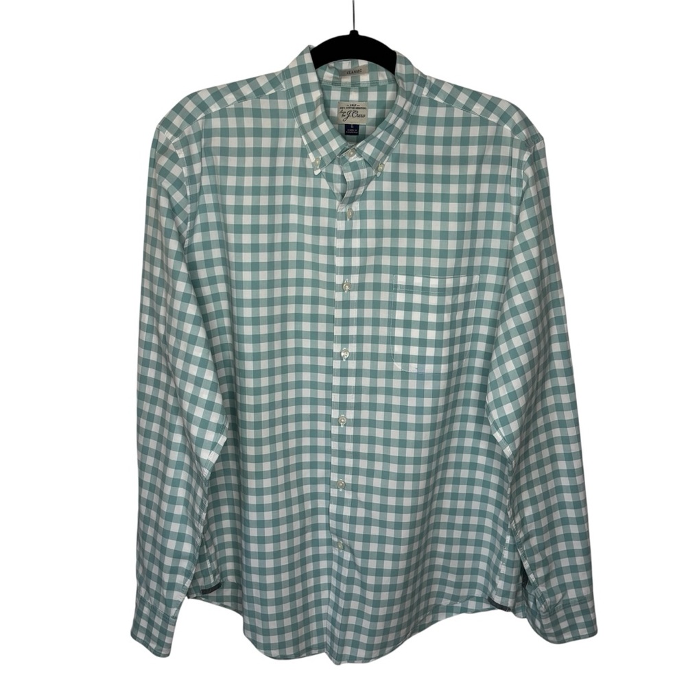 J. Crew Button Down Shirt Teal Green Check Men’s Large Classic Fit Long Sleeve